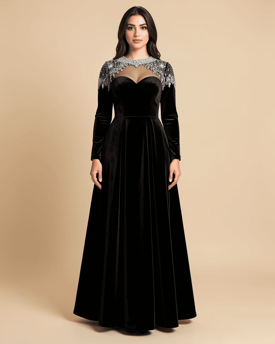 Lamora Black Velvet Crystal-Neckline Gown — image 1