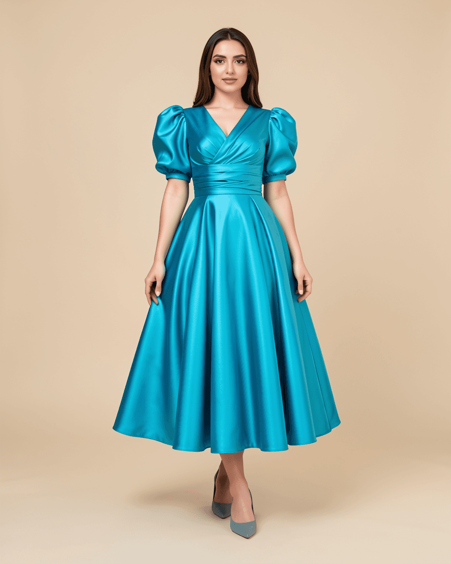Lamora Blue Puff-Sleeve Midi Dress — image 1