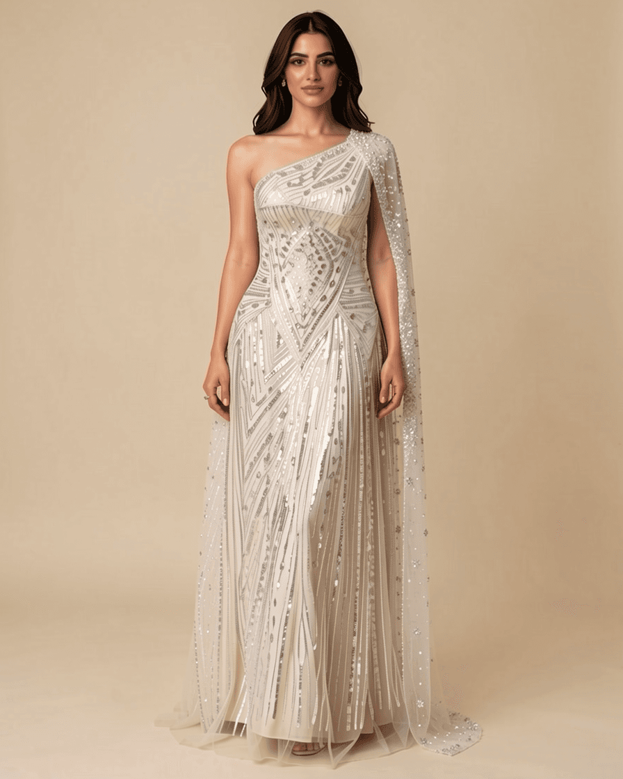 Lamora Luxury Ivory Asymmetric-Shoulder Gown — image 1