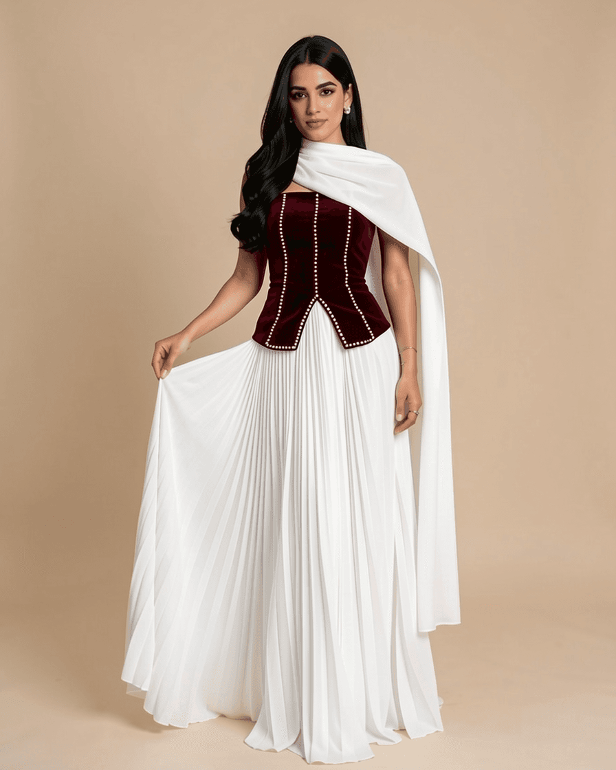 Lamora White Pleated Velvet-Bodice Dress — image 1